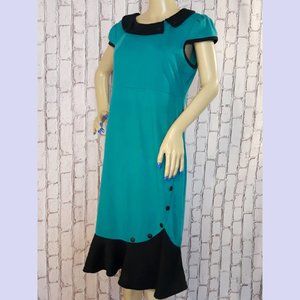50s Retro Bodycon Pin-Up Plus Size Dress Green & Black with Cute Collar Detail